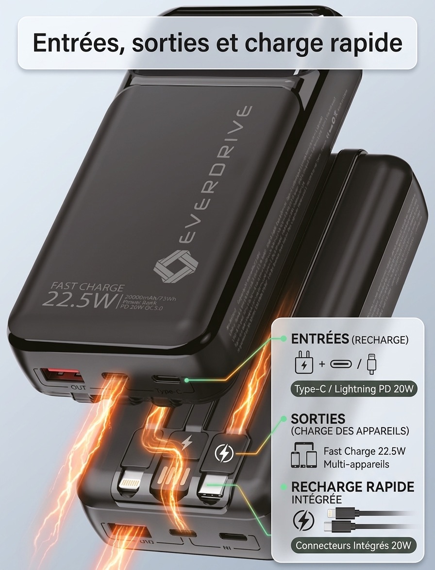 Everdrive 20,000 mAh power bank highlighting inputs, outputs, and fast-charge capabilities