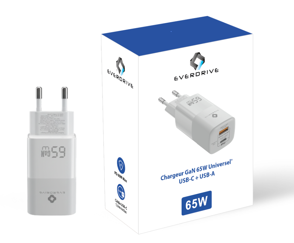 Everdrive 65W GaN charger shown with its retail packaging